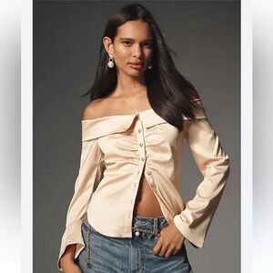By Anthropologie Off-The-Shoulder Collared Silky Shirt Sz:S